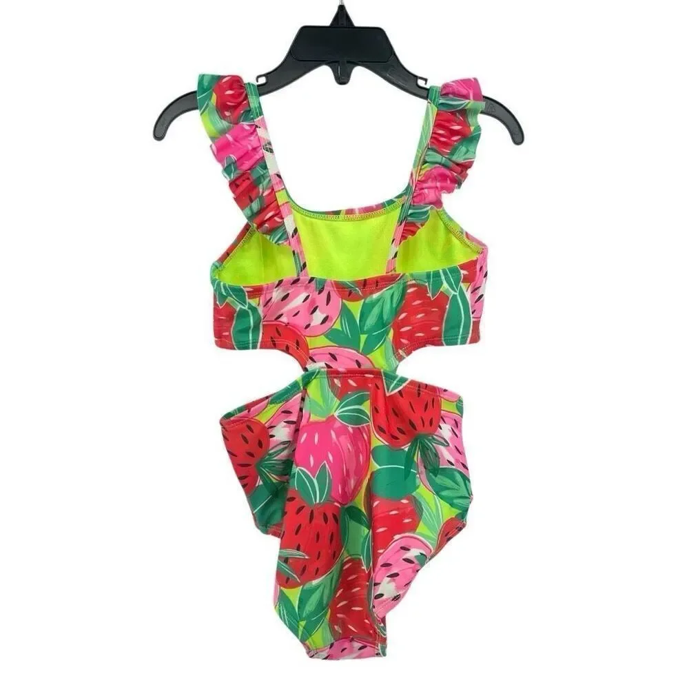 Cat & Jack Girls Pink Sweet Strawberry Print Ruffle Strap Cutout Swimsuit XS 4/5